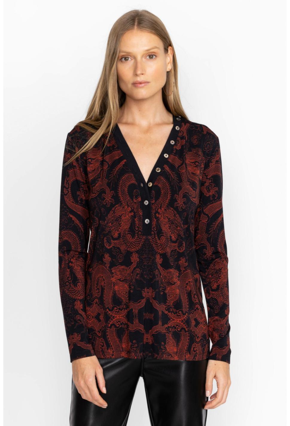 Women Tops | Johnny Was Mayla Button Neck L/S Tee Mayla