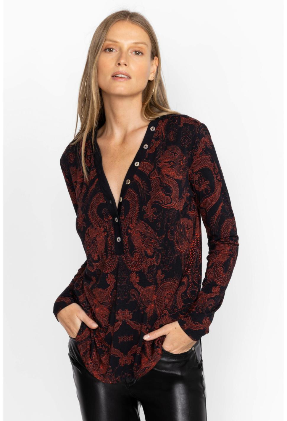 Women Tops | Johnny Was Mayla Button Neck L/S Tee Mayla