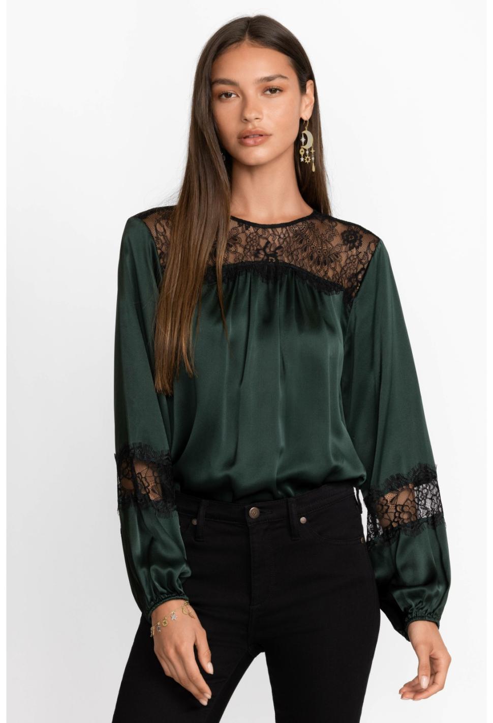 Women Tops | Johnny Was Midnight Silk Blouse Emerald Green