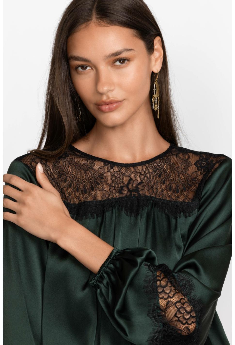 Women Tops | Johnny Was Midnight Silk Blouse Emerald Green