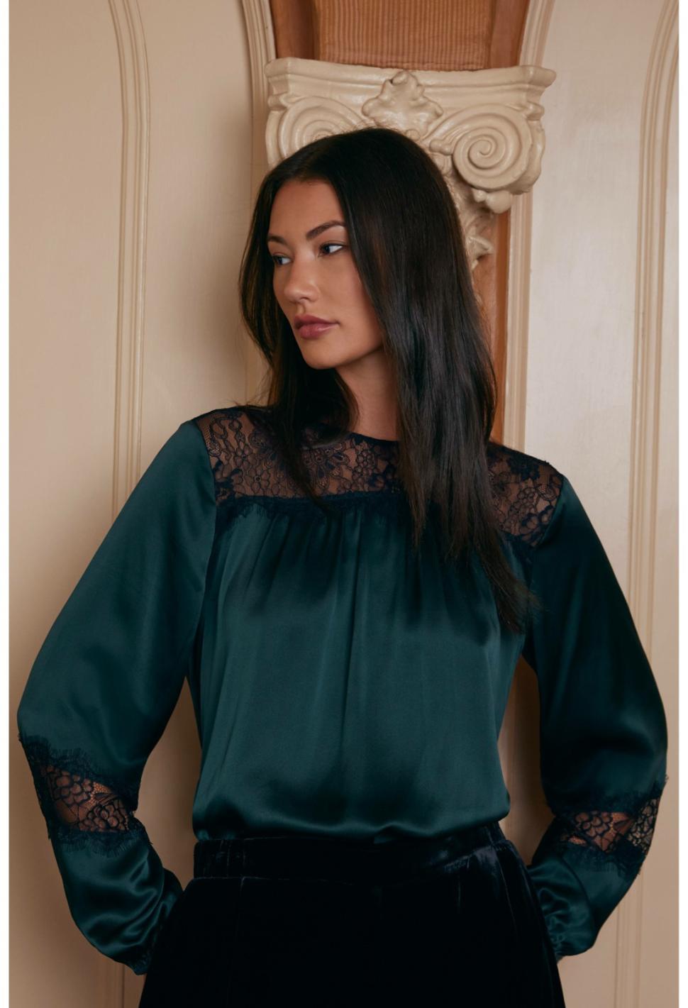 Women Tops | Johnny Was Midnight Silk Blouse Emerald Green