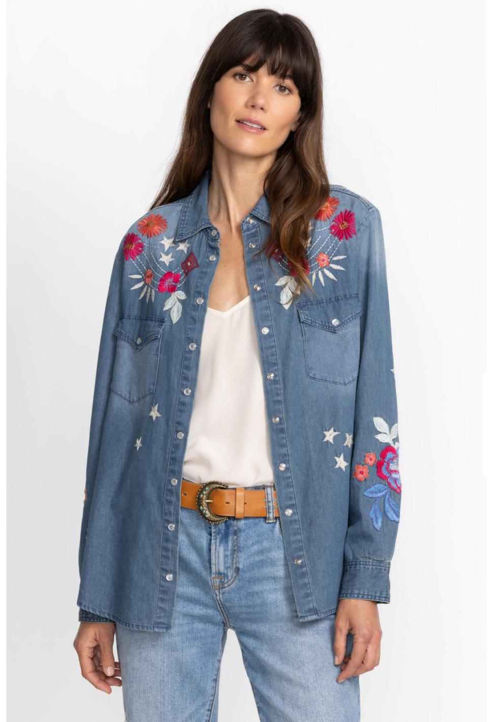 Women Tops | Johnny Was Mika Denim Pocket Shirt Denim Blue