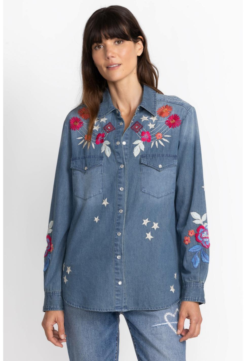 Women Tops | Johnny Was Mika Denim Pocket Shirt Denim Blue