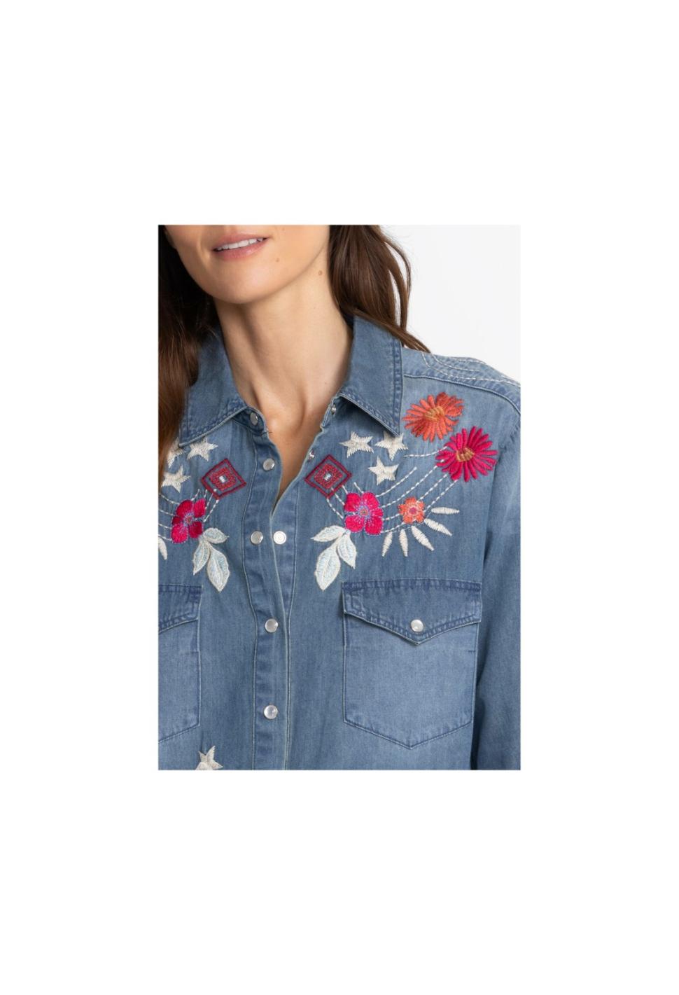 Women Tops | Johnny Was Mika Denim Pocket Shirt Denim Blue