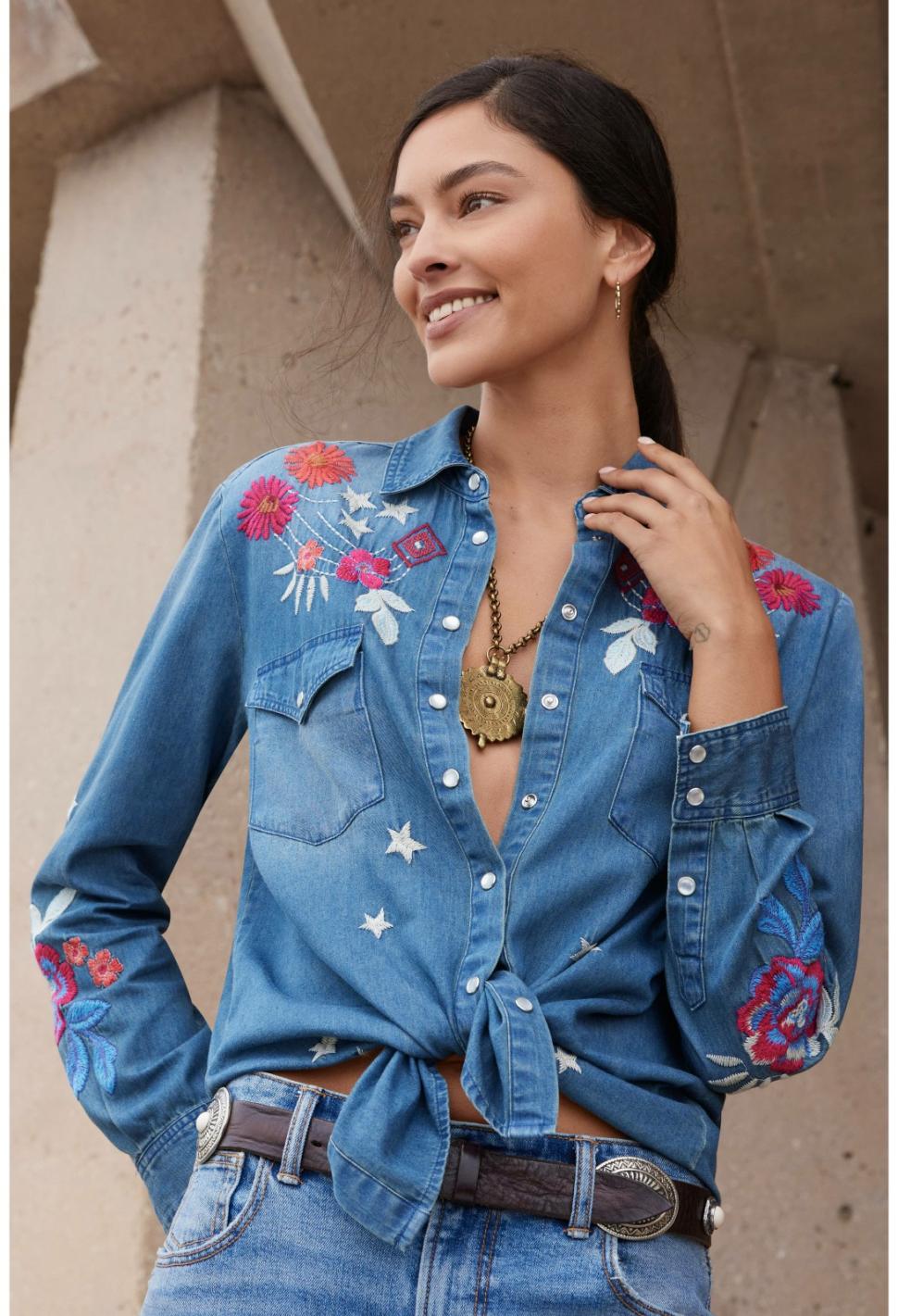 Women Tops | Johnny Was Mika Denim Pocket Shirt Denim Blue
