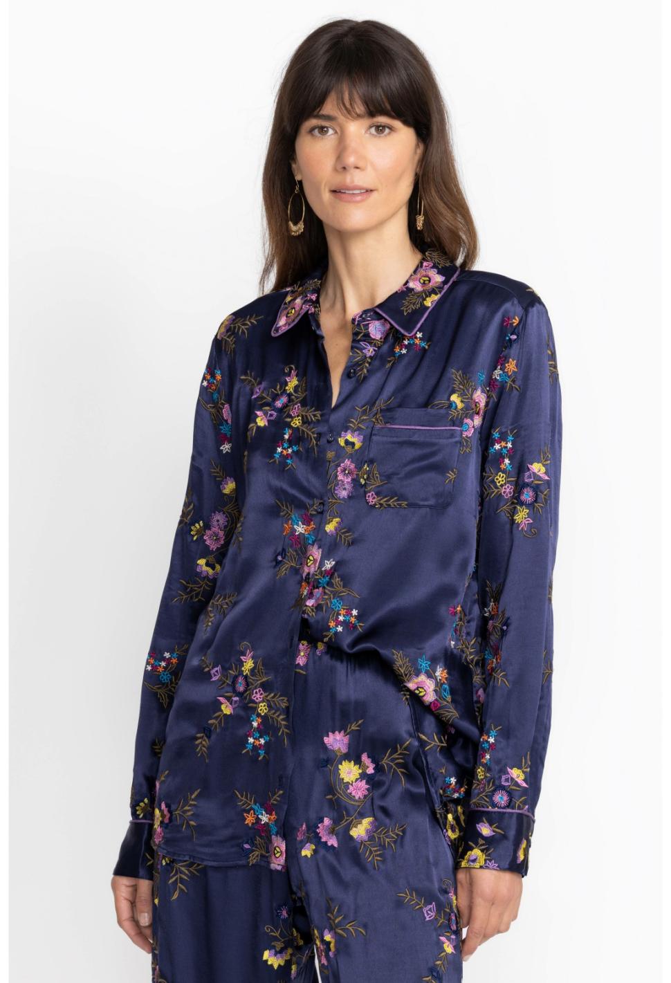 Women Tops | Johnny Was Misty Rayon Button Down Shirt Sapphire Blue
