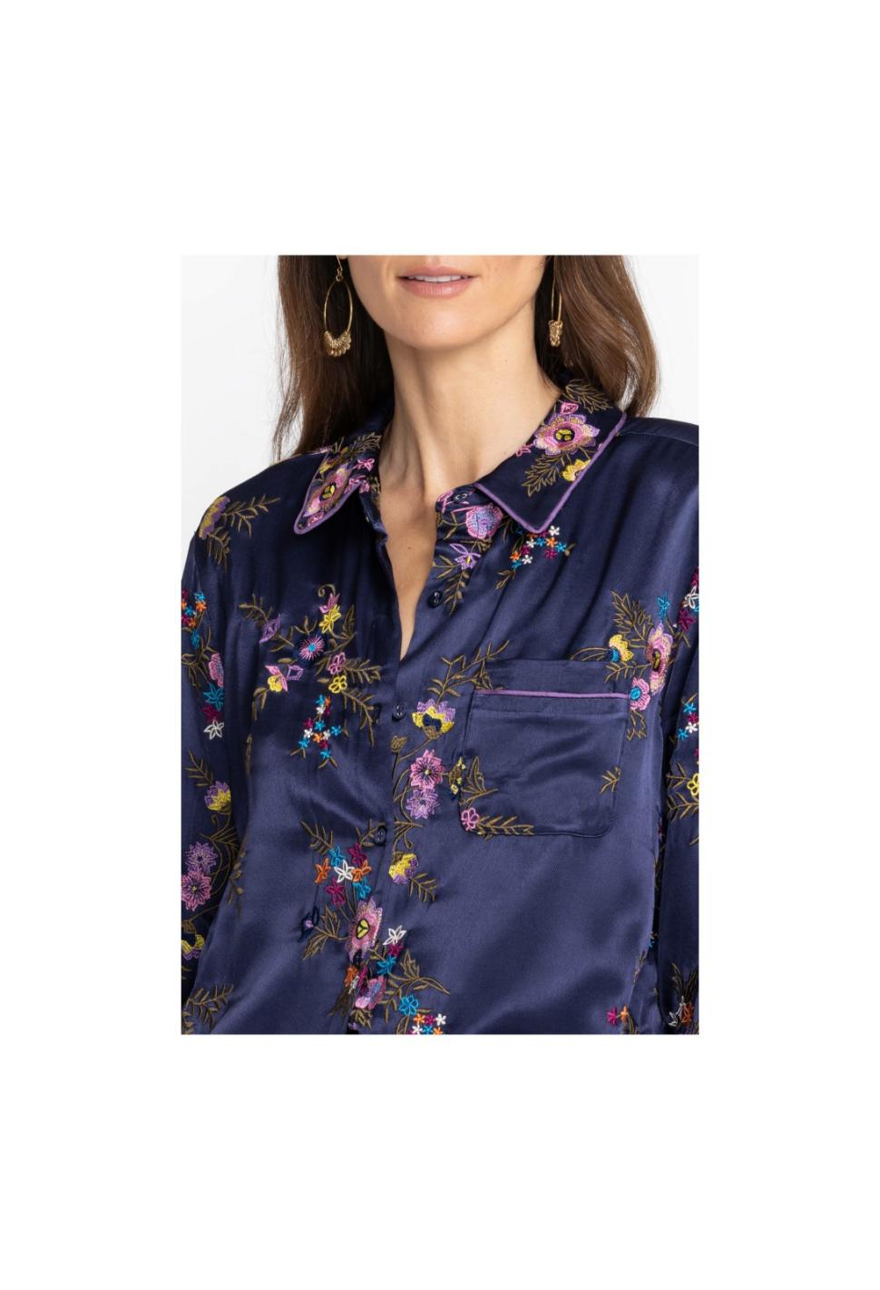 Women Tops | Johnny Was Misty Rayon Button Down Shirt Sapphire Blue