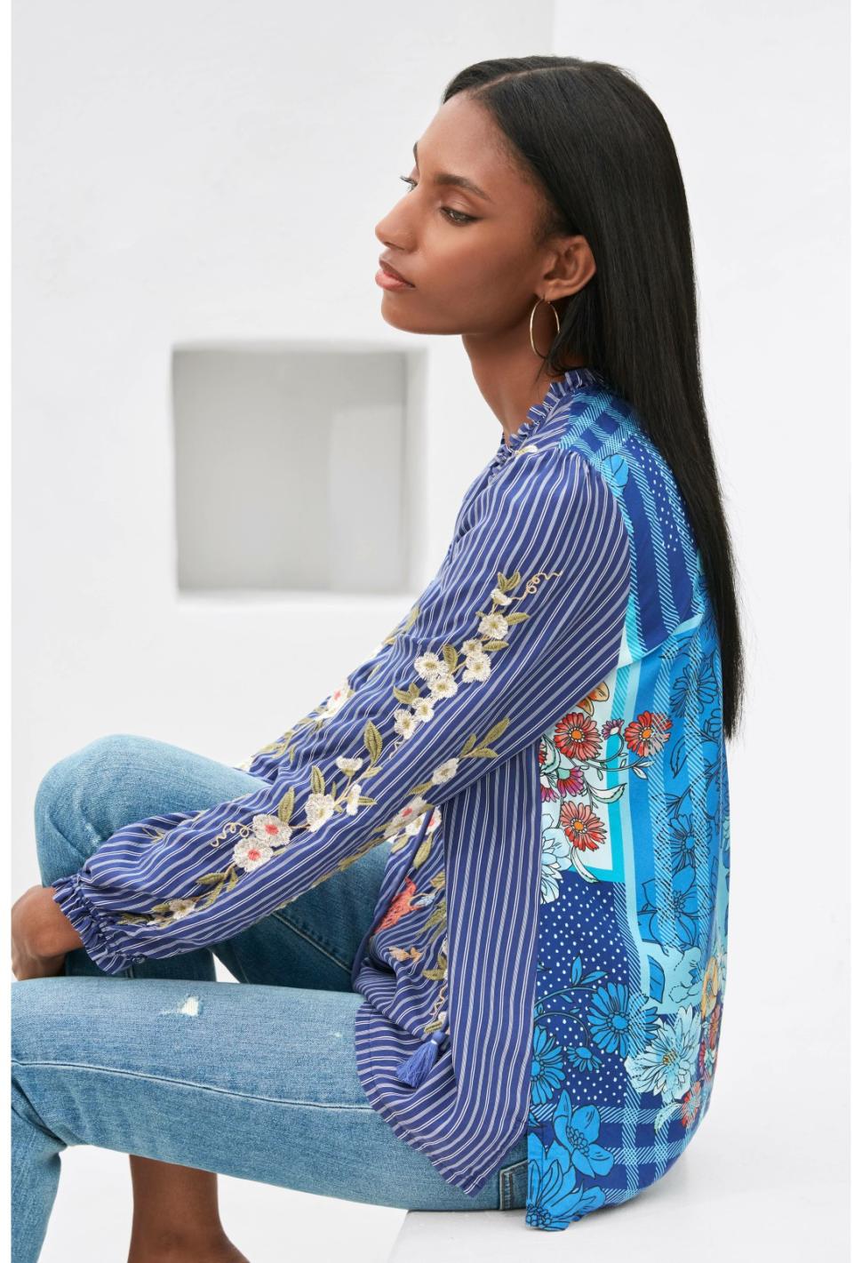 Women Tops | Johnny Was Nalina Ruffle Scarf Back Blouse Stripe