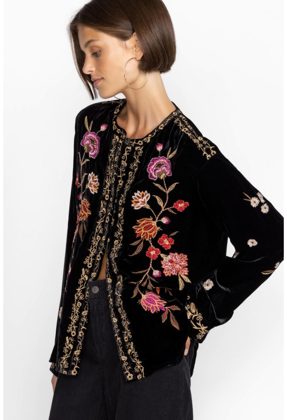 Women Tops | Johnny Was Quinn Velvet Mandarin Shirt Black