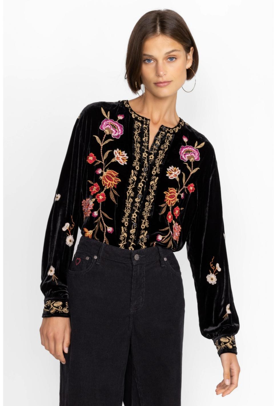 Women Tops | Johnny Was Quinn Velvet Mandarin Shirt Black