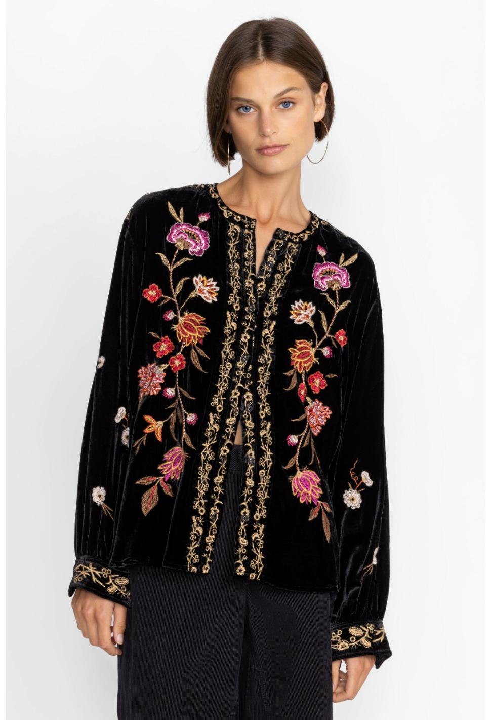 Women Tops | Johnny Was Quinn Velvet Mandarin Shirt Black