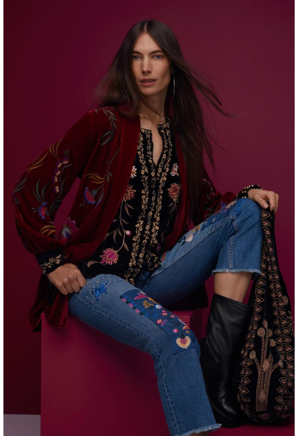 Women Tops | Johnny Was Quinn Velvet Mandarin Shirt Black