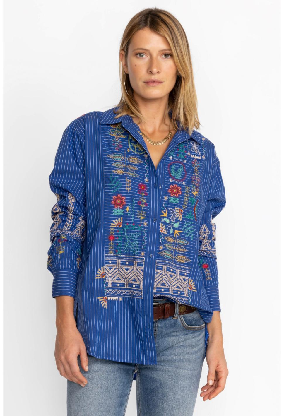 Women Tops | Johnny Was Scara Oversized Yoke Shirt Stripe