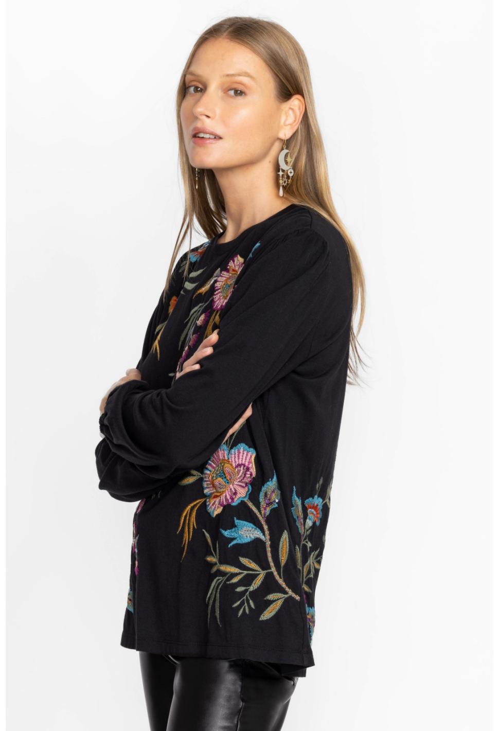 Women Tops | Johnny Was Sidonia Bishop Sleeve Sequin Tee Black