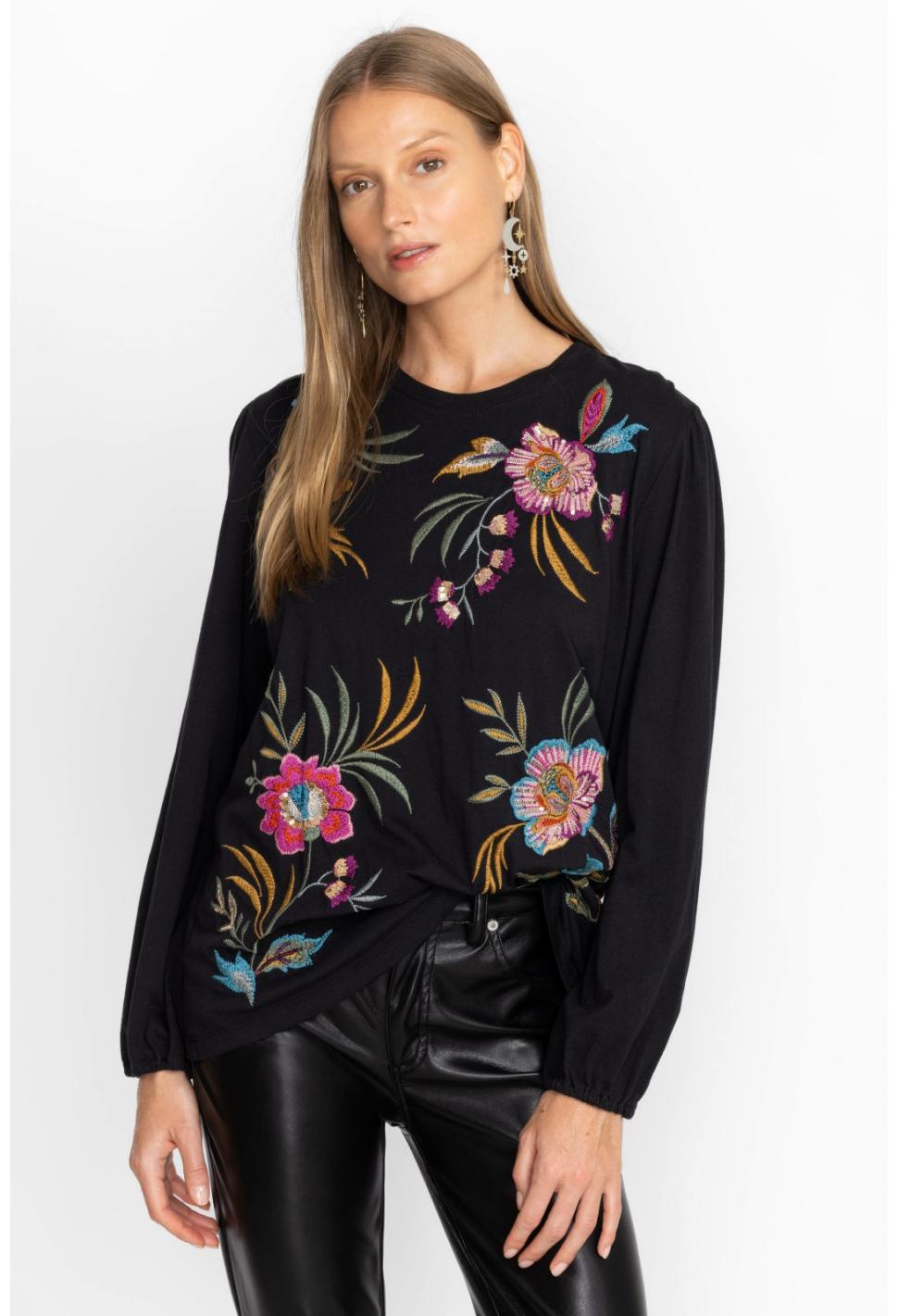 Women Tops | Johnny Was Sidonia Bishop Sleeve Sequin Tee Black