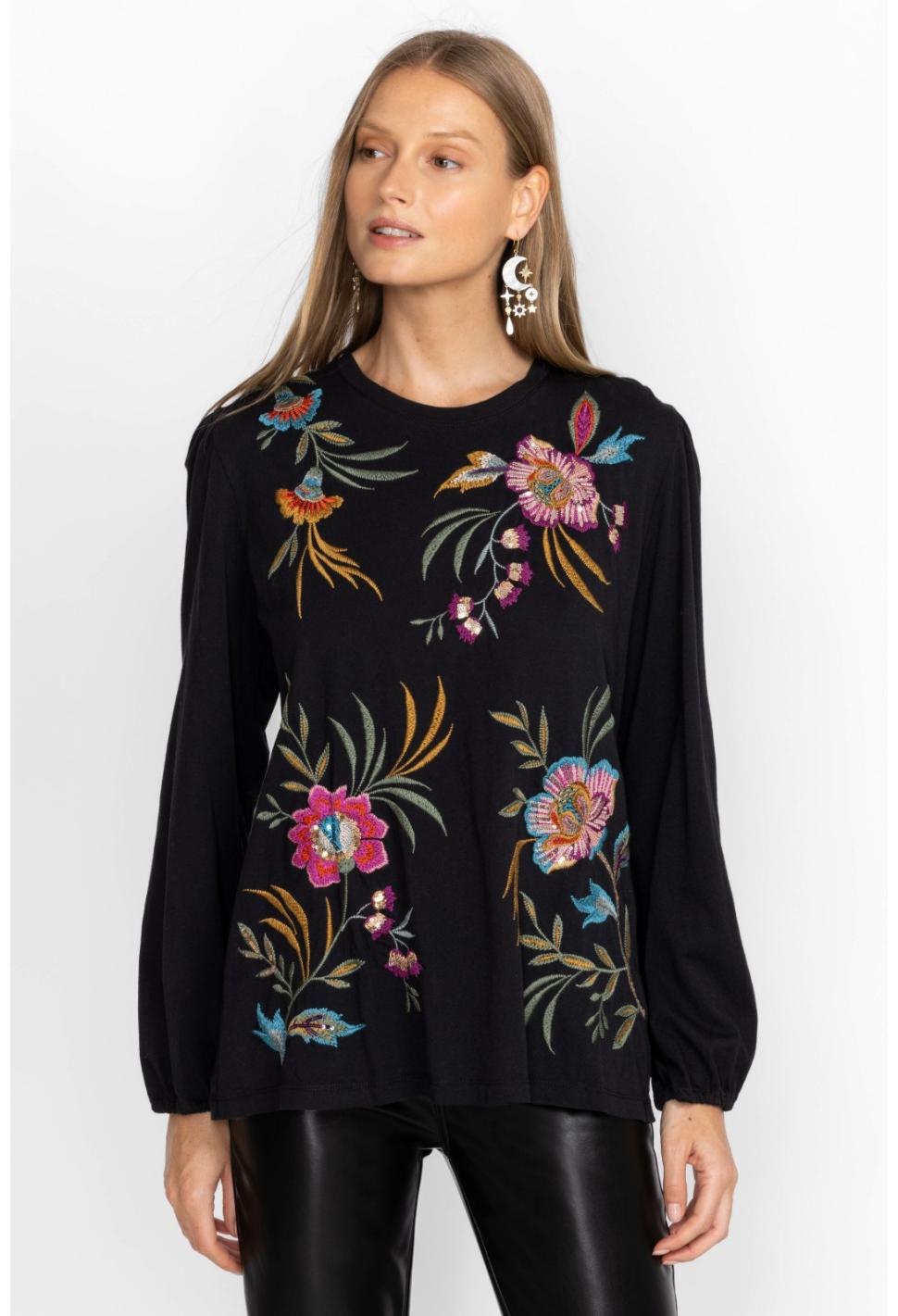 Women Tops | Johnny Was Sidonia Bishop Sleeve Sequin Tee Black