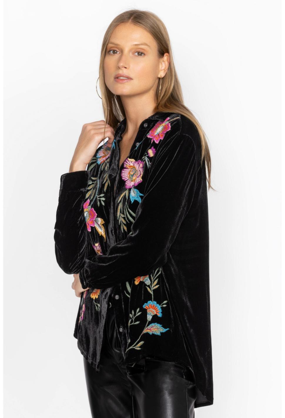Women Tops | Johnny Was Sidonia Velvet Oversized Pleat Shirt Black