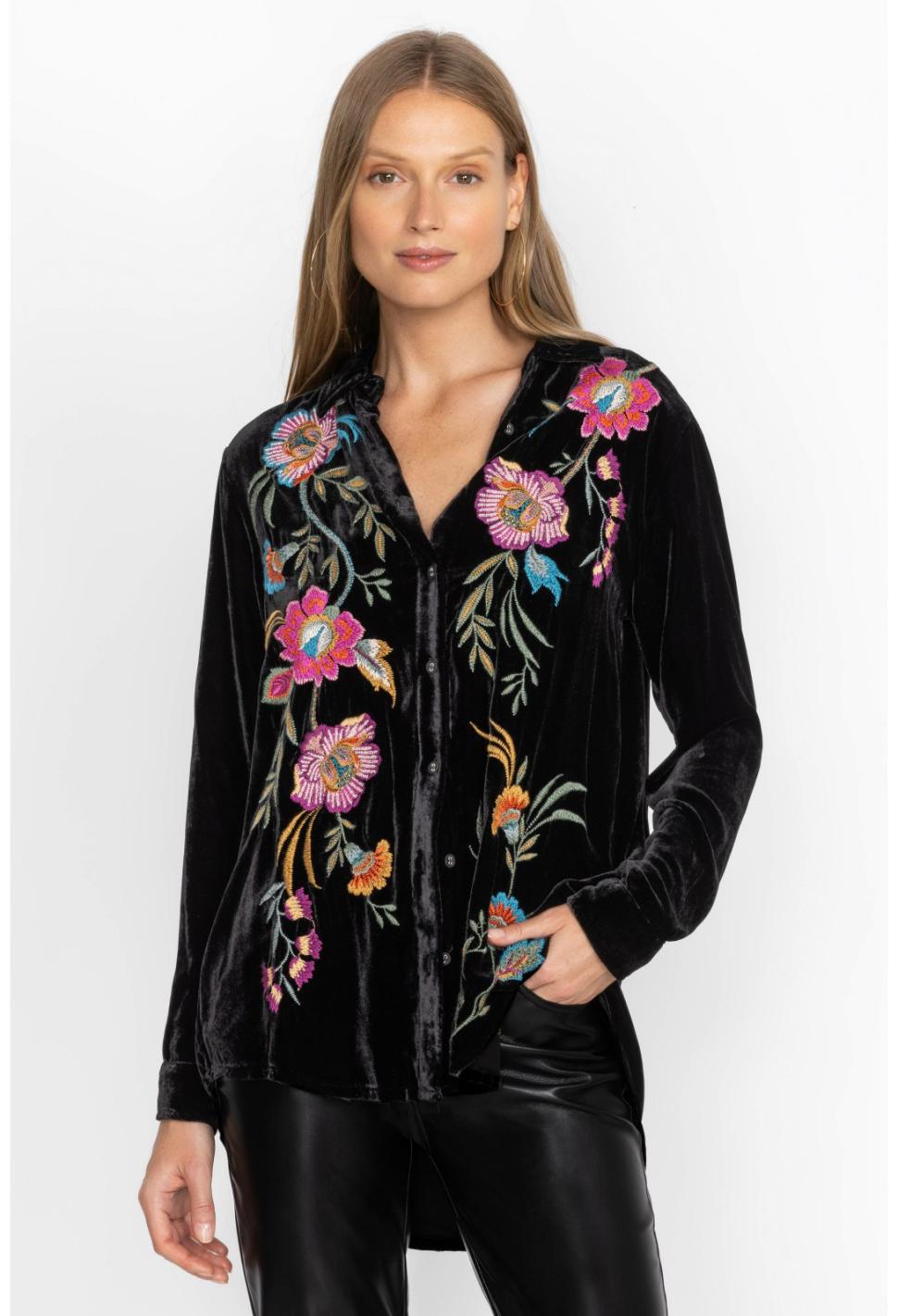 Women Tops | Johnny Was Sidonia Velvet Oversized Pleat Shirt Black