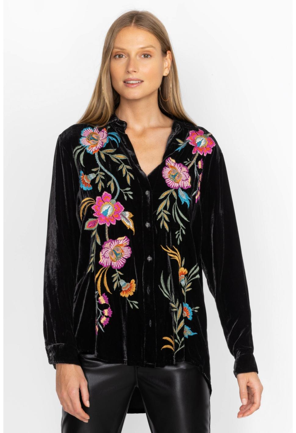 Women Tops | Johnny Was Sidonia Velvet Oversized Pleat Shirt Black