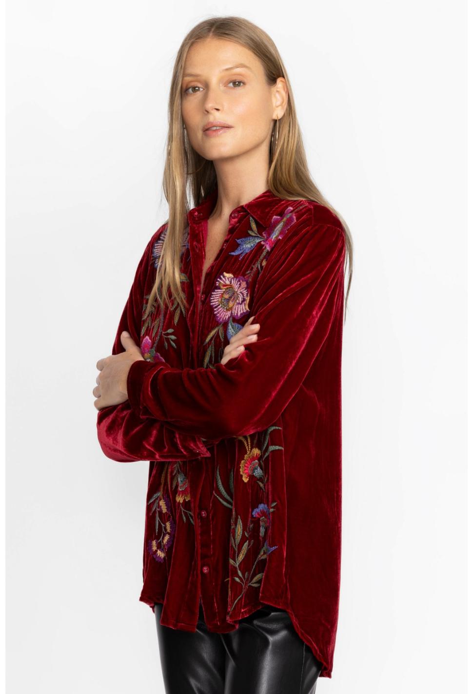 Women Tops | Johnny Was Sidonia Velvet Oversized Pleat Shirt Rich Red