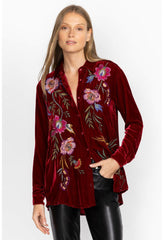 Women Tops | Johnny Was Sidonia Velvet Oversized Pleat Shirt Rich Red