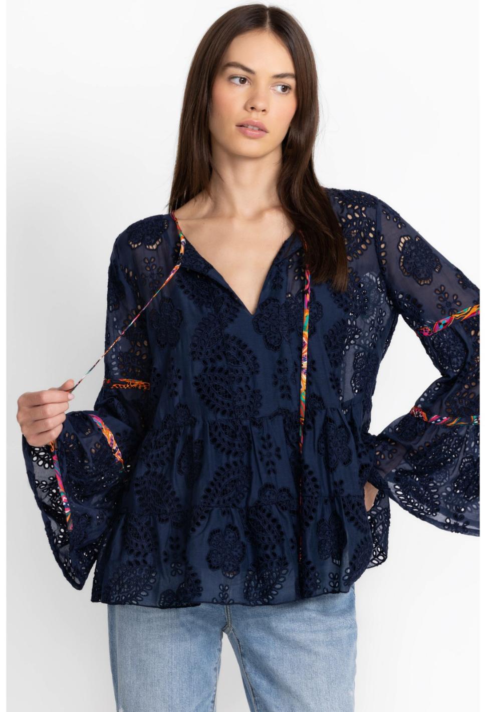 Women Tops | Johnny Was Tamera Eyelet Blouse Sapphire Blue