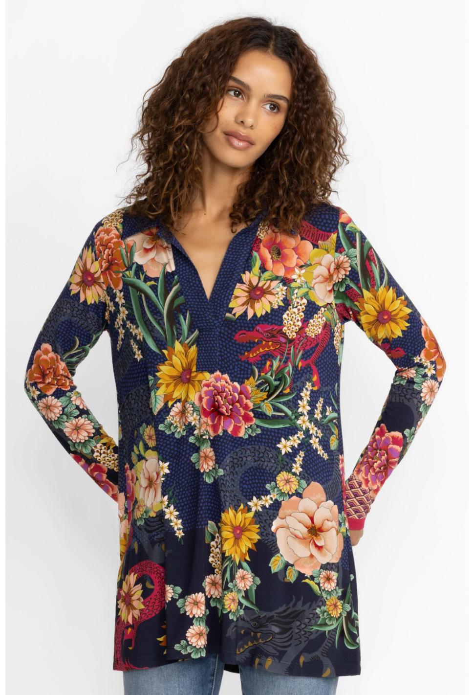 Women Tops | Johnny Was The Janie Favorite Long Sleeve Polo Swing Tunic Dragona