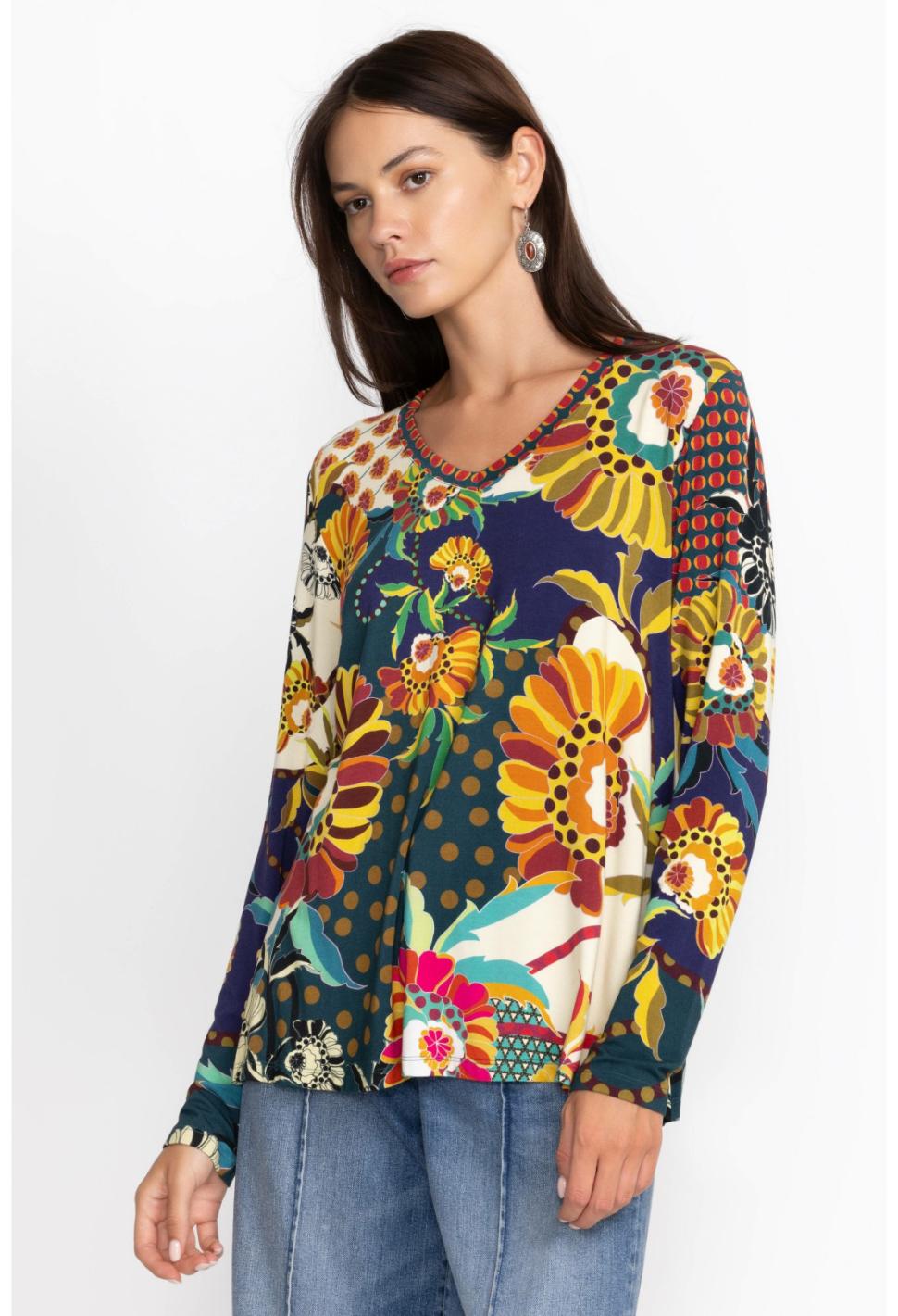 Women Tops | Johnny Was The Janie Favorite Long Sleeve V-Neck Swing Tee Kimbra
