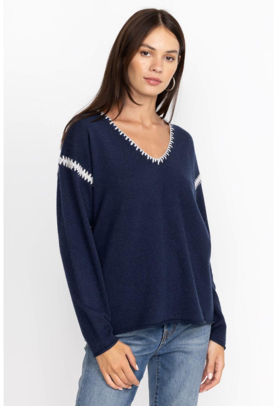 Women Tops | Johnny Was The Whipstitch V Neck Pullover - Color Block Navy