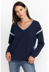 Women Tops | Johnny Was The Whipstitch V Neck Pullover - Color Block Navy
