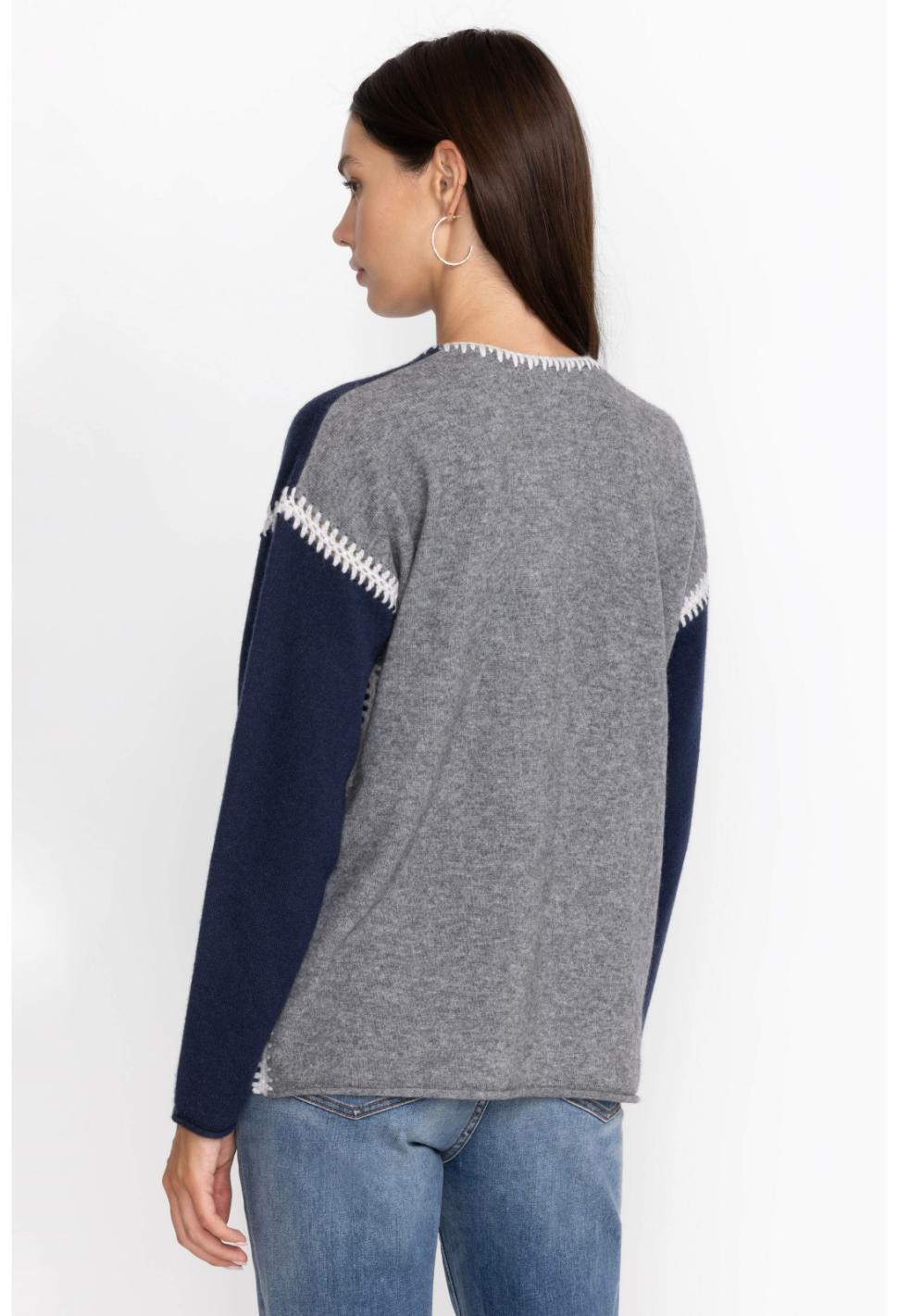 Women Tops | Johnny Was The Whipstitch V Neck Pullover - Color Block Navy