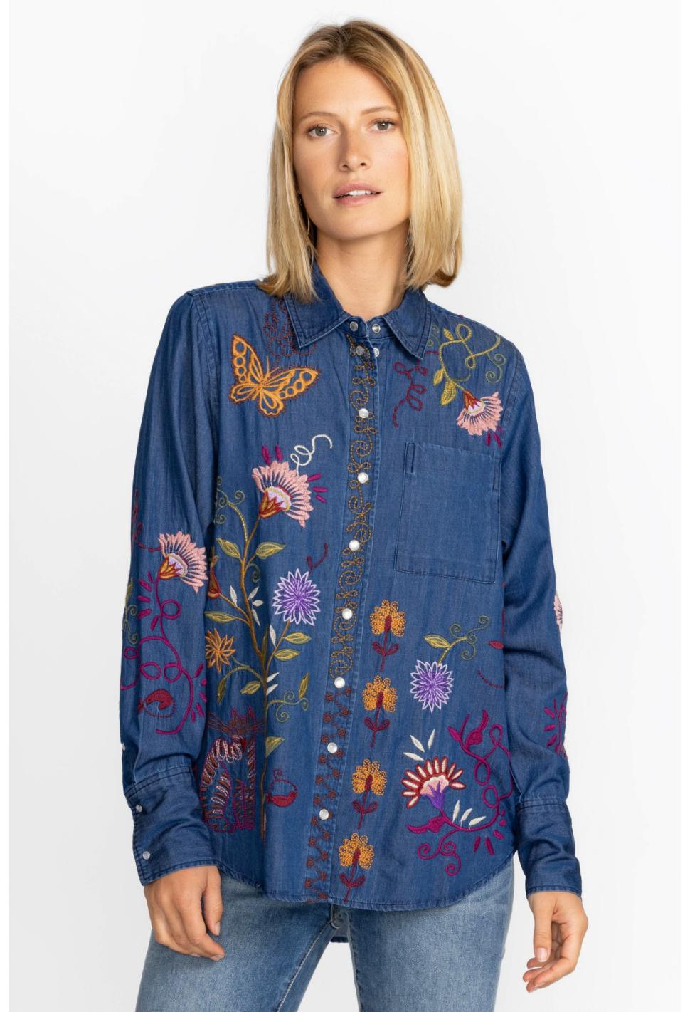 Women Tops | Johnny Was Toni Relaxed Denim Pocket Shirt Denim Blue