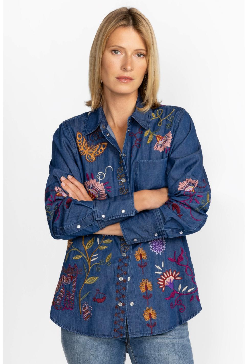 Women Tops | Johnny Was Toni Relaxed Denim Pocket Shirt Denim Blue